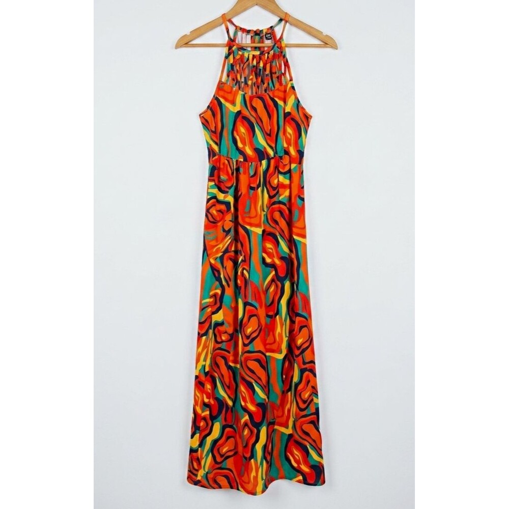 Chic Me Women’s Halter Neck Abstract Maxi Dress, Multicolor Woven Stretch S